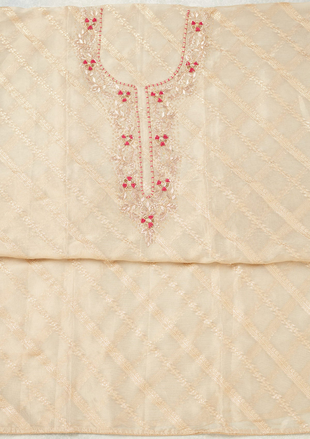 Beige Zardozi (Gold) Chanderi Unstitched Salwar Suit
