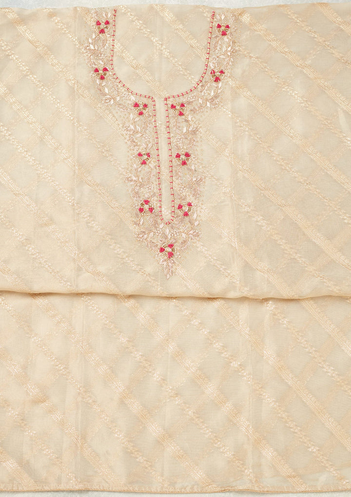 Beige Zardozi (Gold) Chanderi Unstitched Salwar Suit