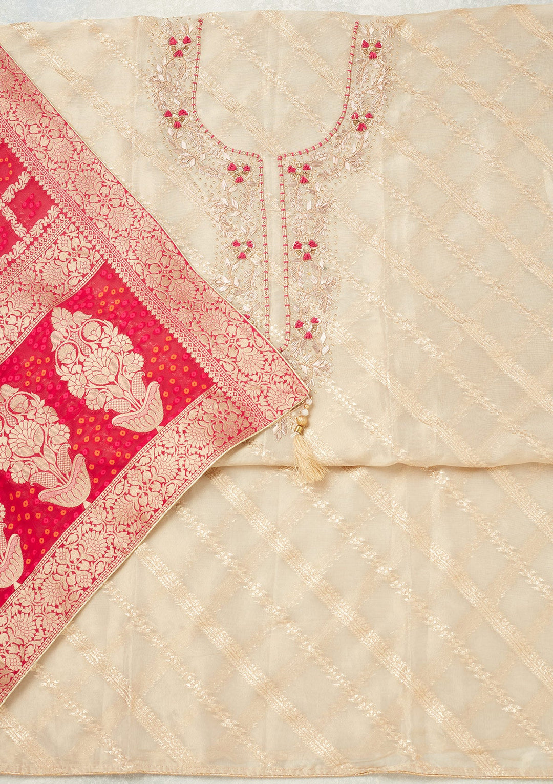 Beige Zardozi (Gold) Chanderi Unstitched Salwar Suit