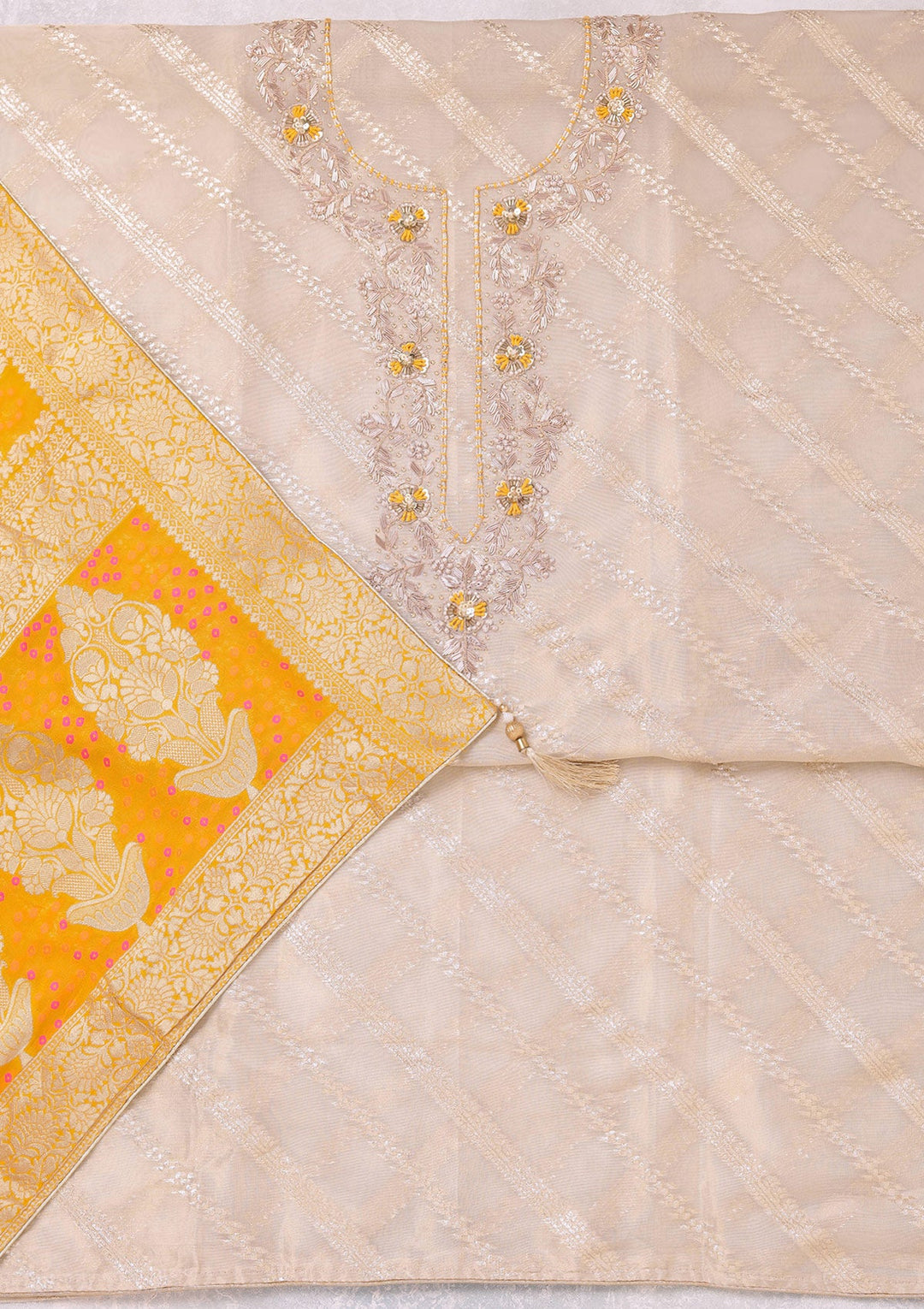 Beige Zardozi (Gold) Chanderi Unstitched Salwar Suit