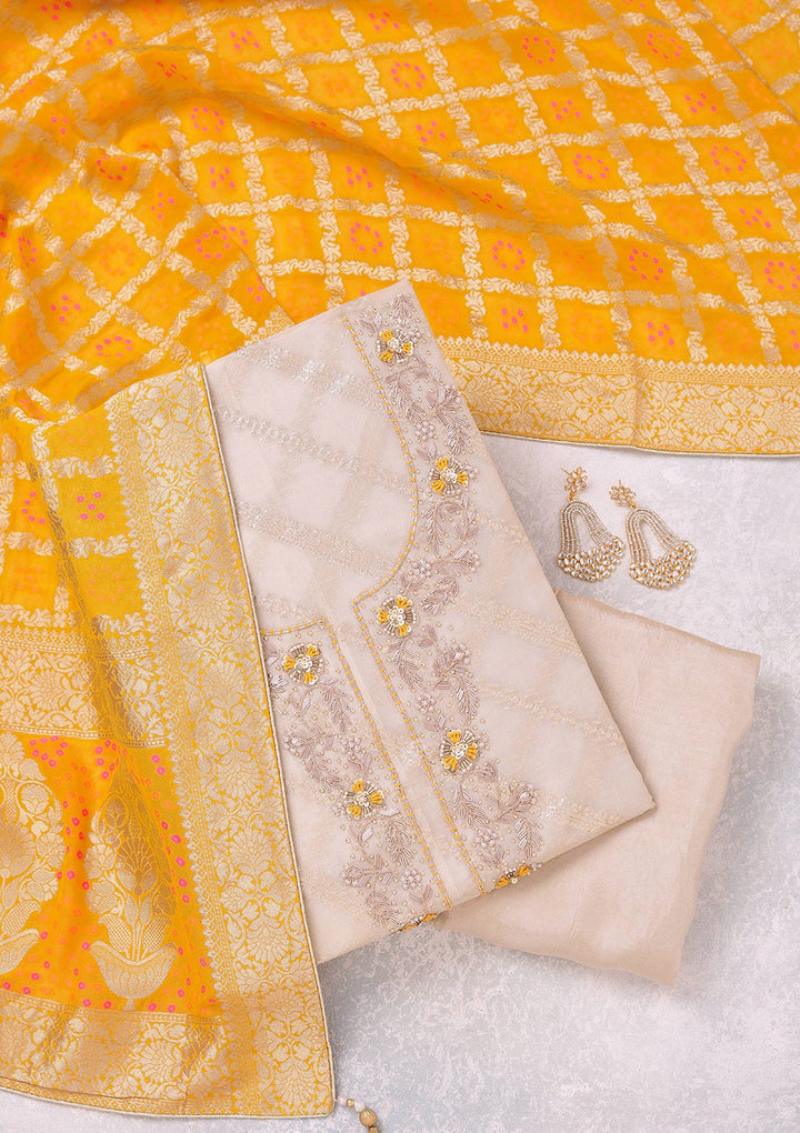 Beige Zardozi (Gold) Chanderi Unstitched Salwar Suit