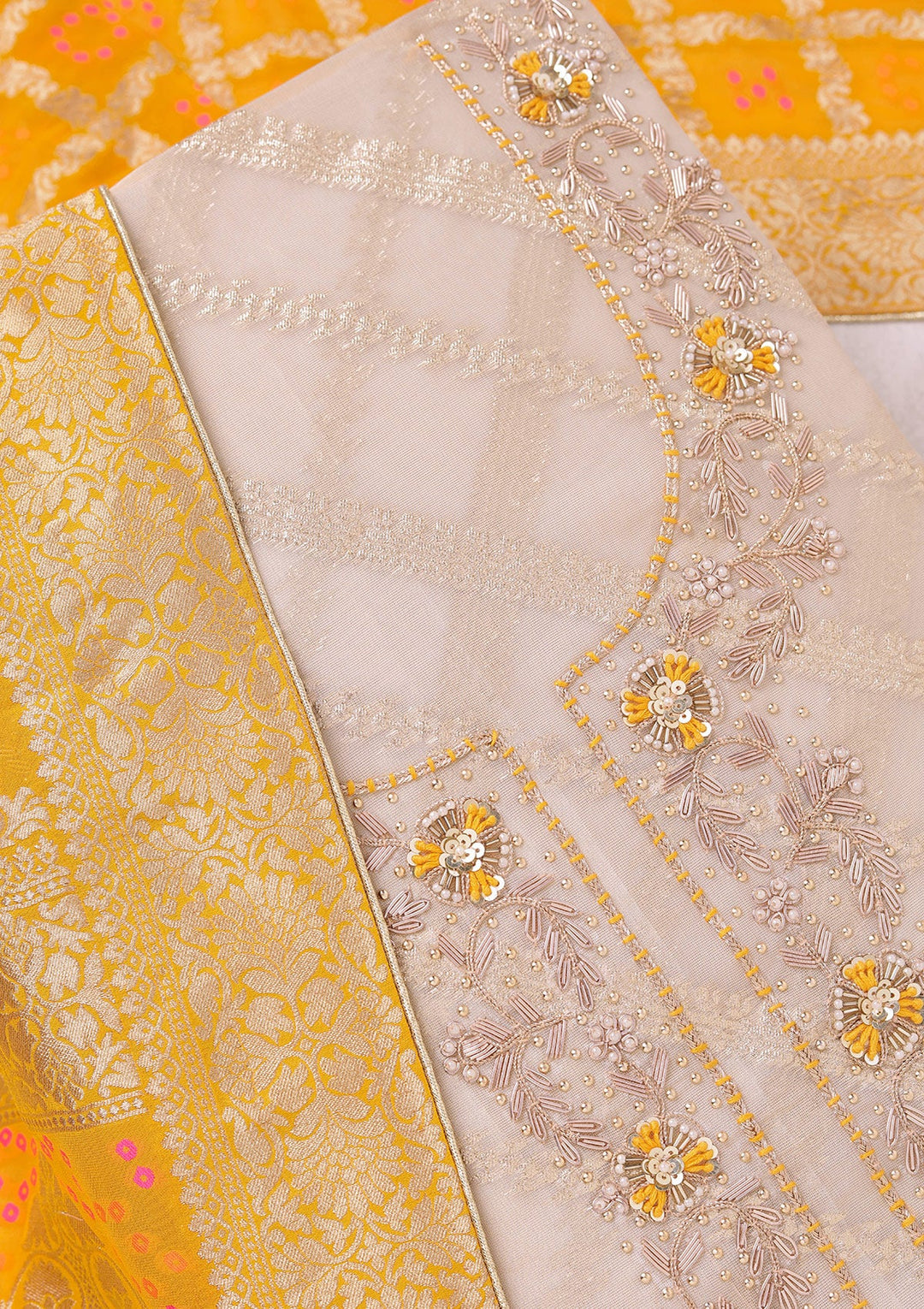 Beige Zardozi (Gold) Chanderi Unstitched Salwar Suit