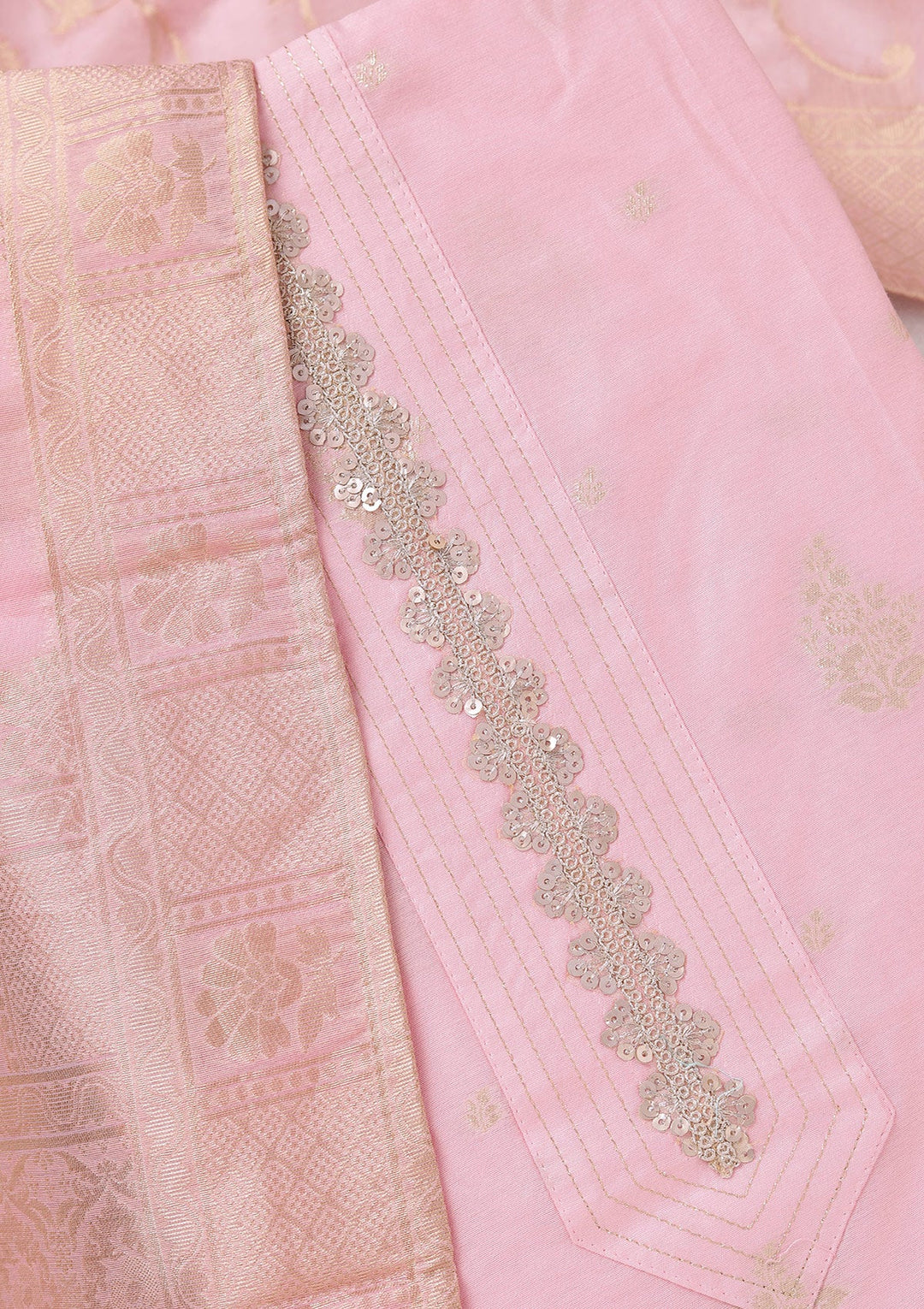 Baby Pink Zariwork (Gold) Chanderi Unstitched Salwar Suit
