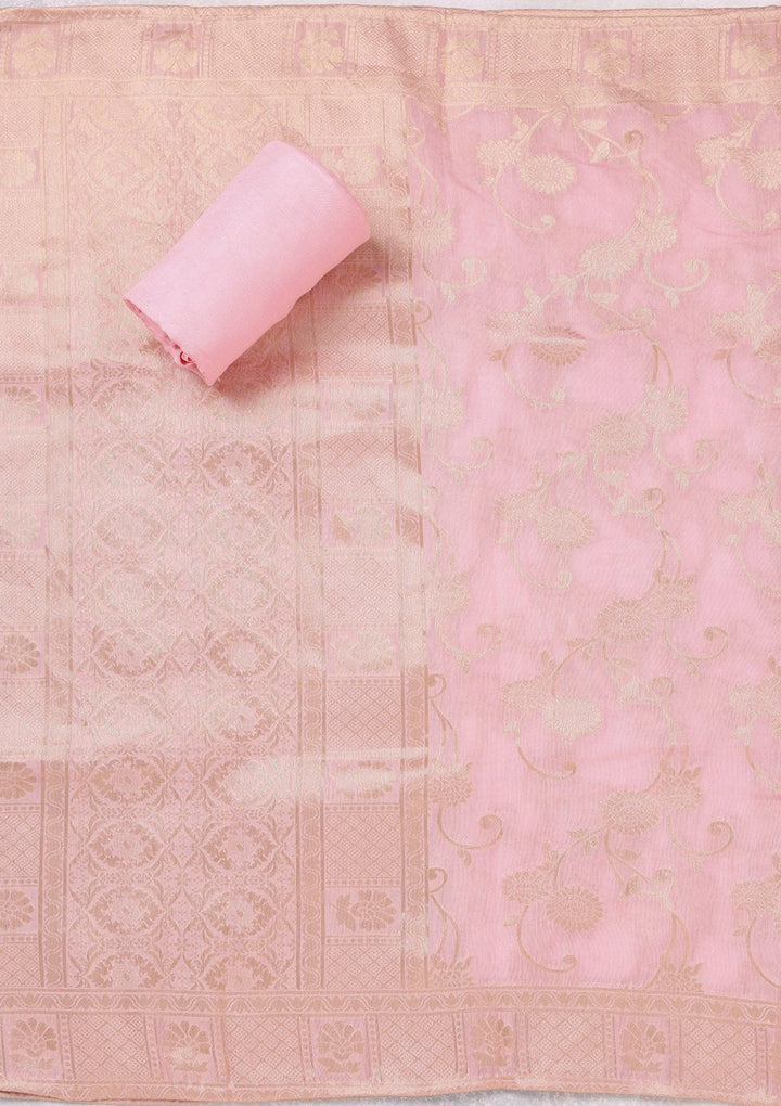Baby Pink Zariwork (Gold) Chanderi Unstitched Salwar Suit