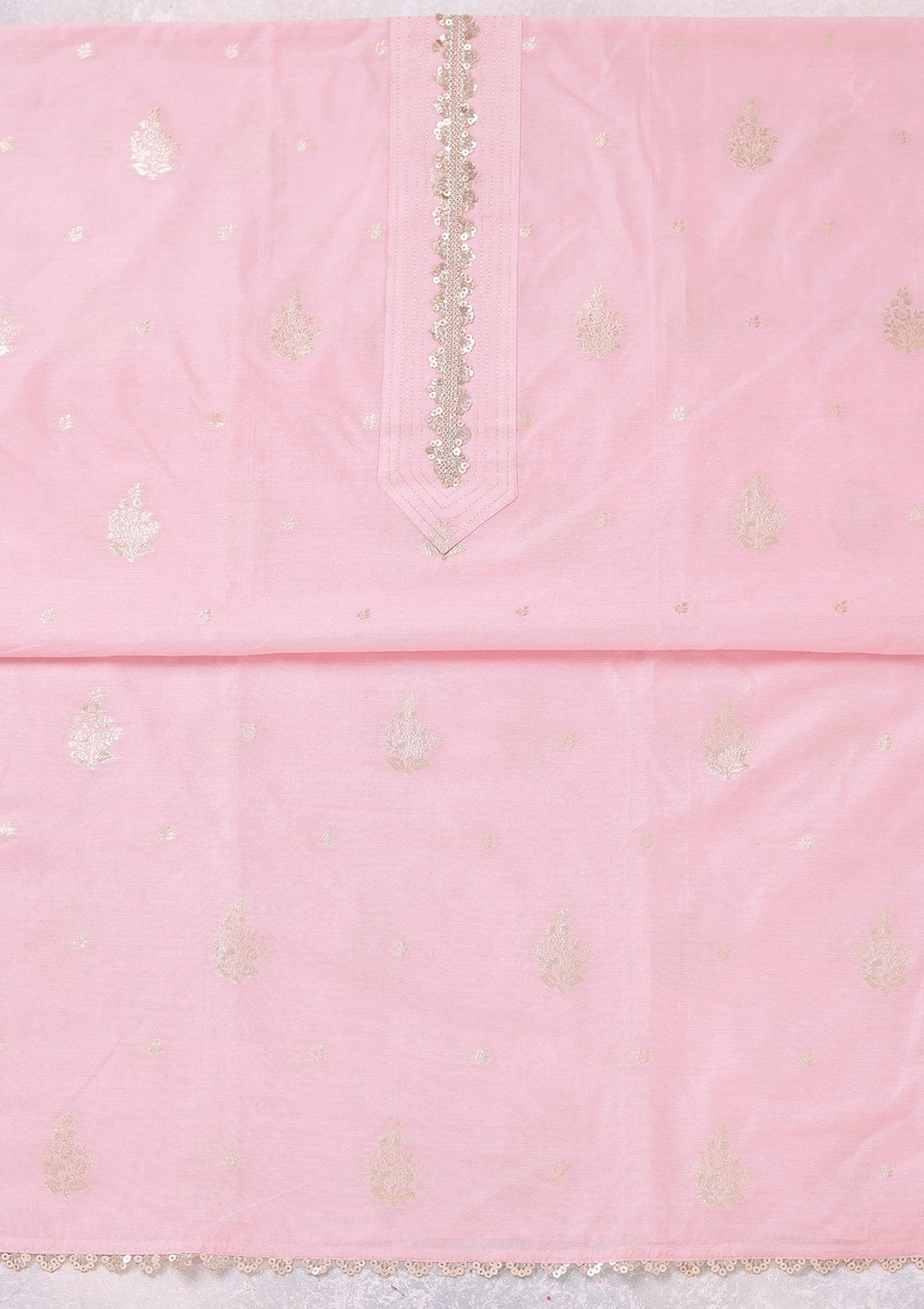 Baby Pink Zariwork (Gold) Chanderi Unstitched Salwar Suit