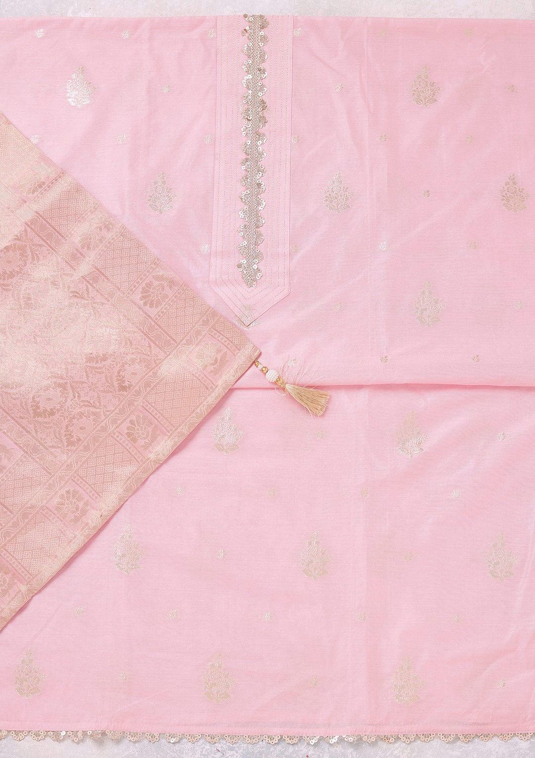 Baby Pink Zariwork (Gold) Chanderi Unstitched Salwar Suit