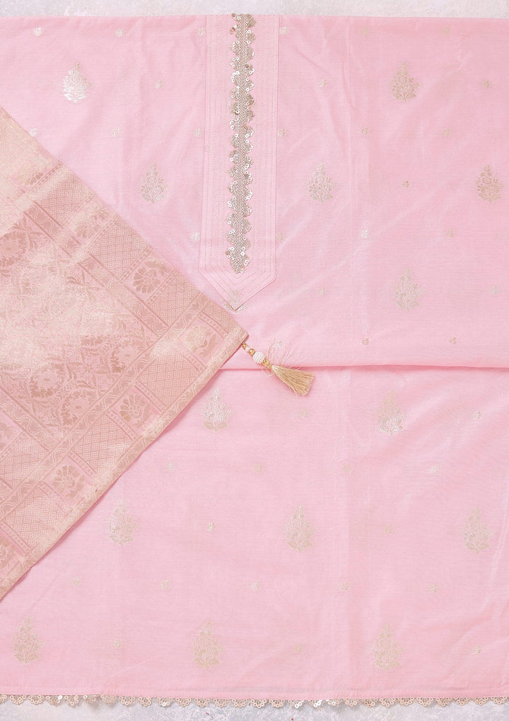 Baby Pink Zariwork (Gold) Chanderi Unstitched Salwar Suit