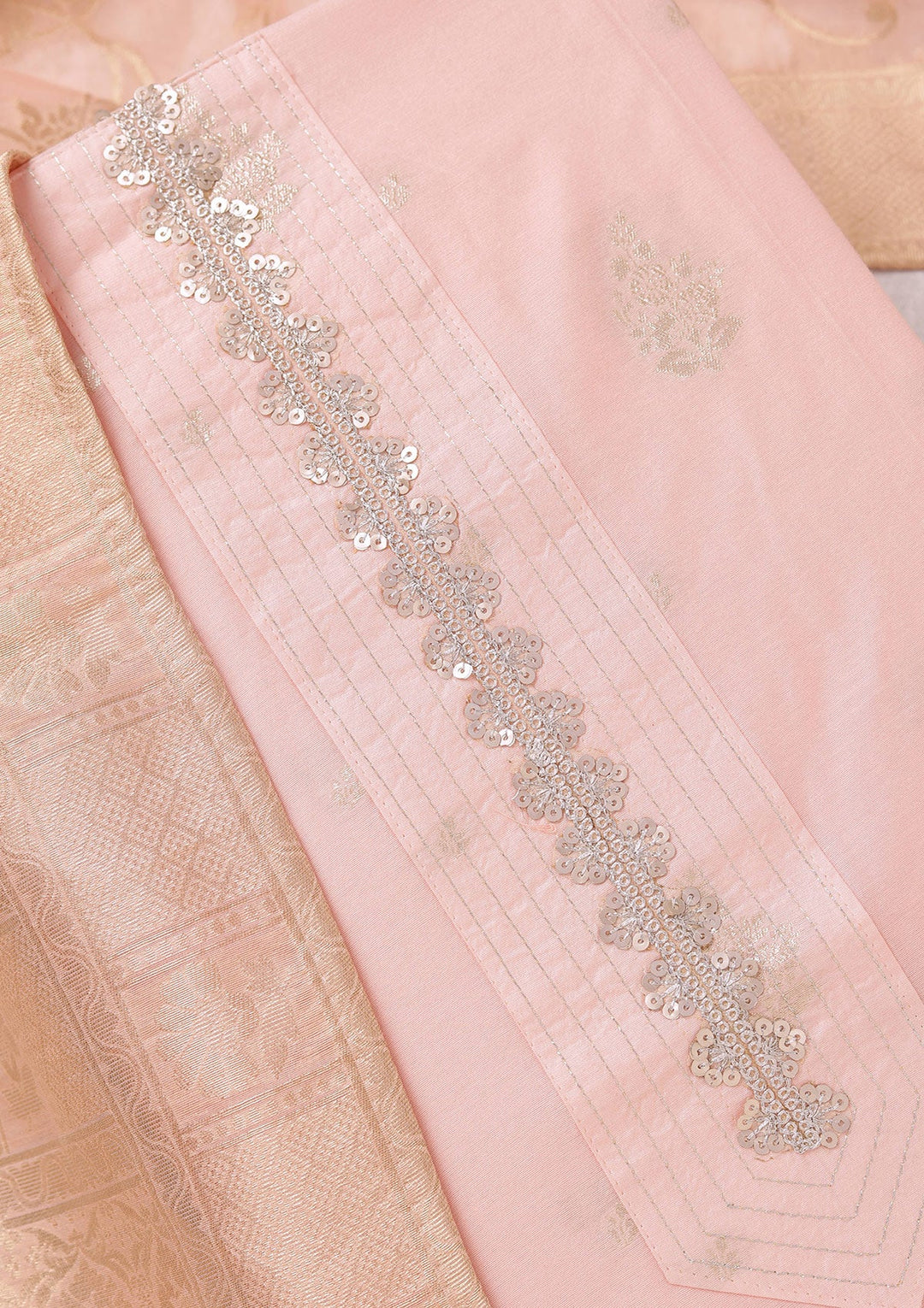 Peach Zariwork (Gold) Chanderi Unstitched Salwar Suit