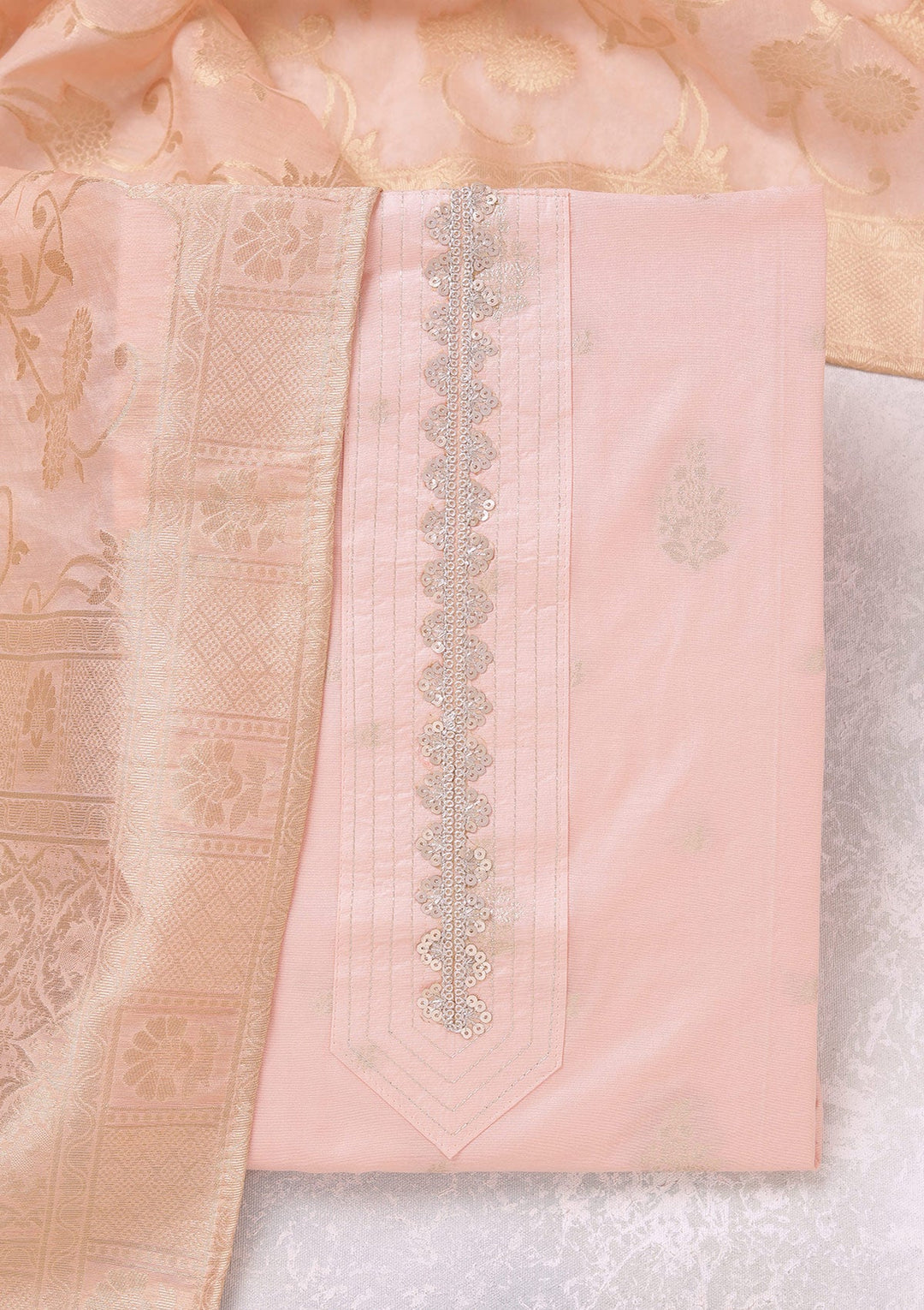 Peach Zariwork (Gold) Chanderi Unstitched Salwar Suit