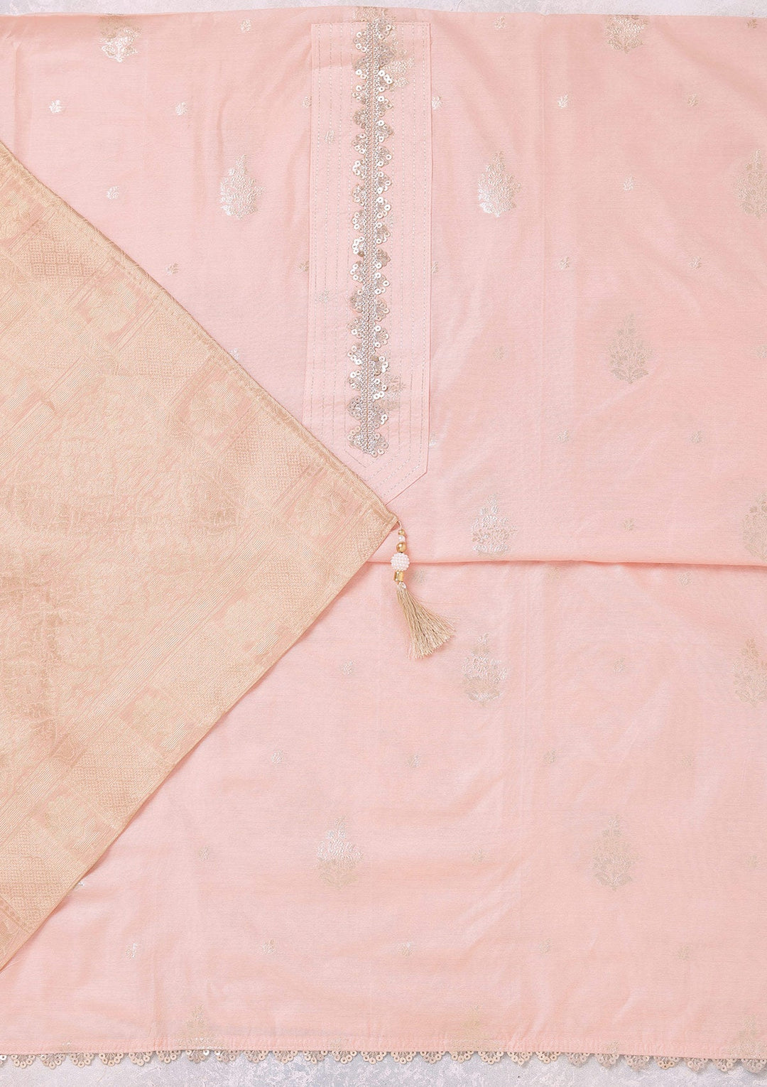 Peach Zariwork (Gold) Chanderi Unstitched Salwar Suit