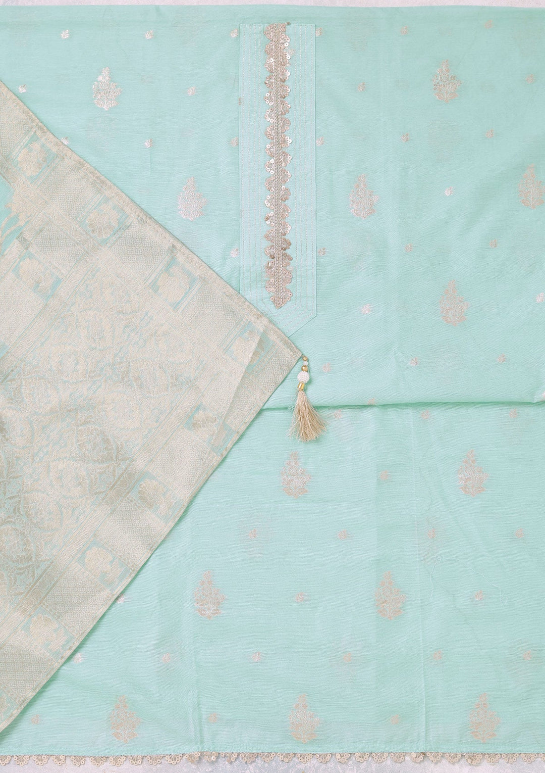 Sea Green Zariwork (Gold) Chanderi Unstitched Salwar Suit