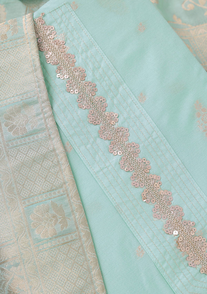 Sea Green Zariwork (Gold) Chanderi Unstitched Salwar Suit