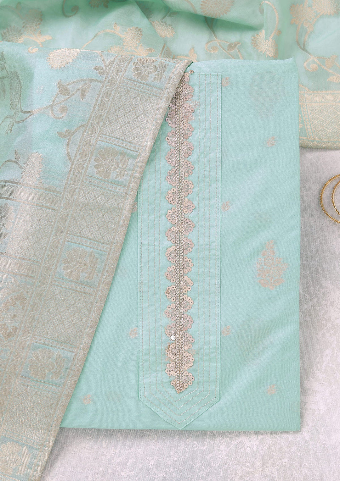 Sea Green Zariwork (Gold) Chanderi Unstitched Salwar Suit