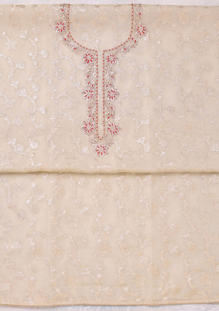 Beige Zardozi (Gold) Chanderi Unstitched Salwar Suit