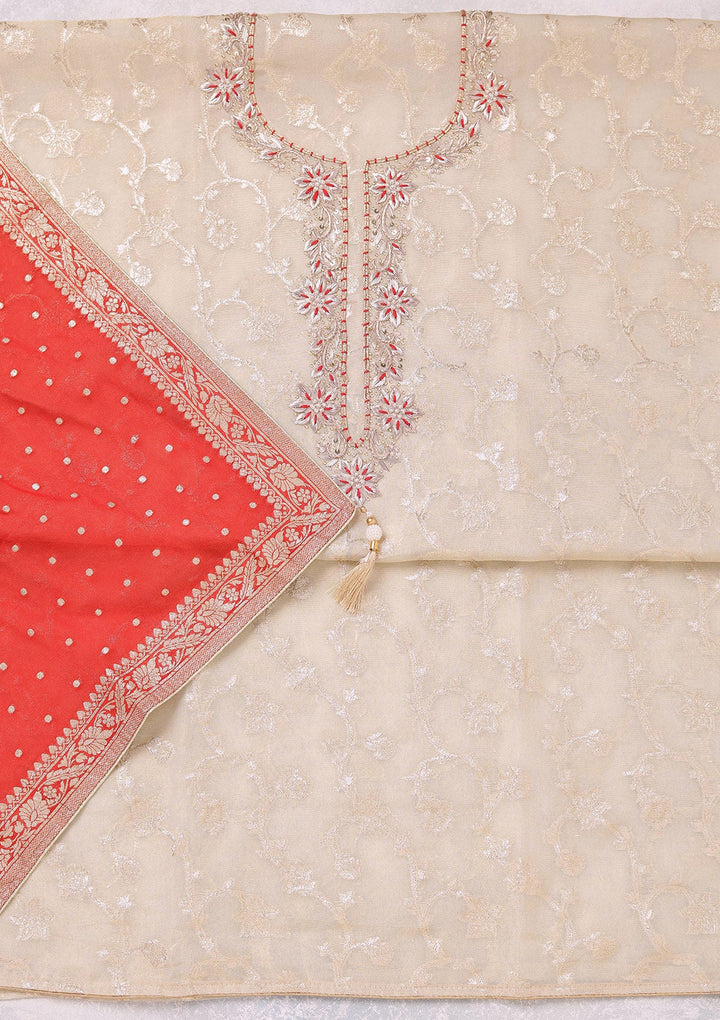 Beige Zardozi (Gold) Chanderi Unstitched Salwar Suit