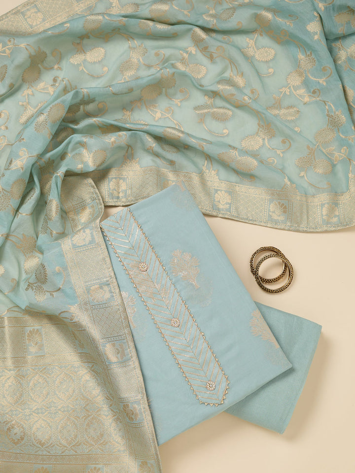 Light Grey Zariwork (Gold) Chanderi Unstitched Salwar Suit