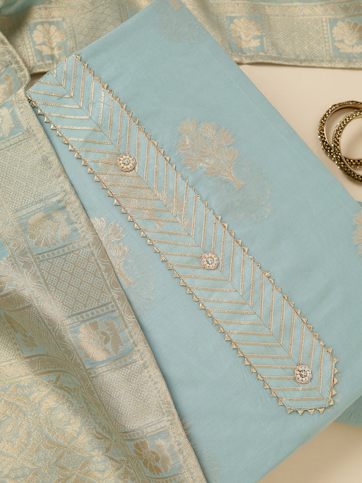Light Grey Zariwork (Gold) Chanderi Unstitched Salwar Suit