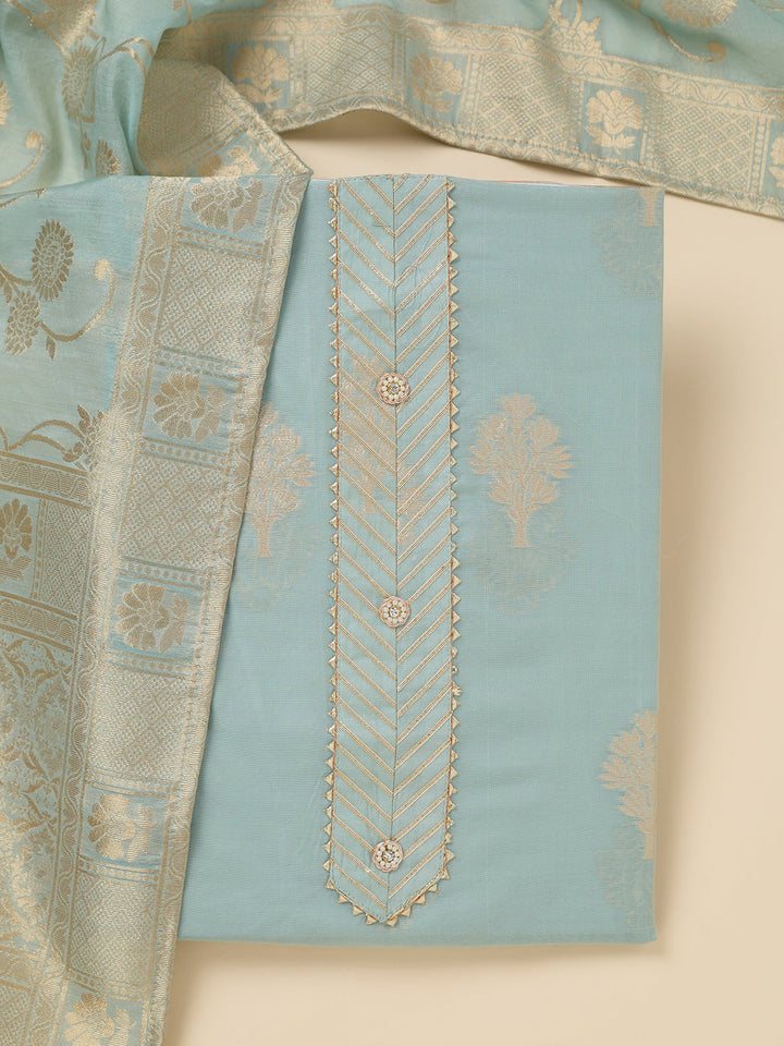 Light Grey Zariwork (Gold) Chanderi Unstitched Salwar Suit