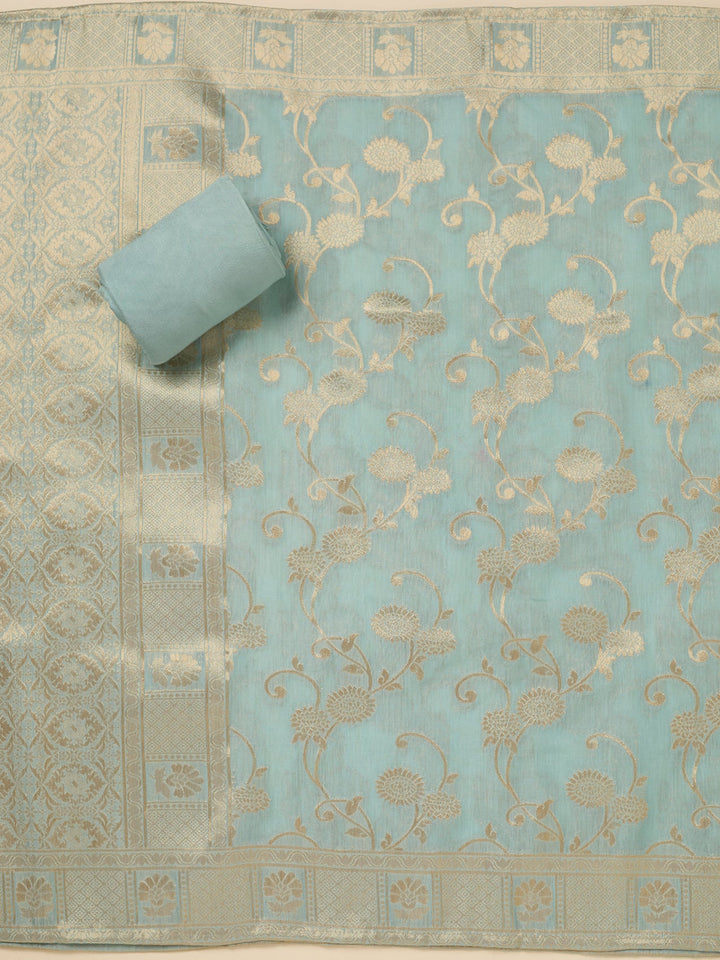 Light Grey Zariwork (Gold) Chanderi Unstitched Salwar Suit