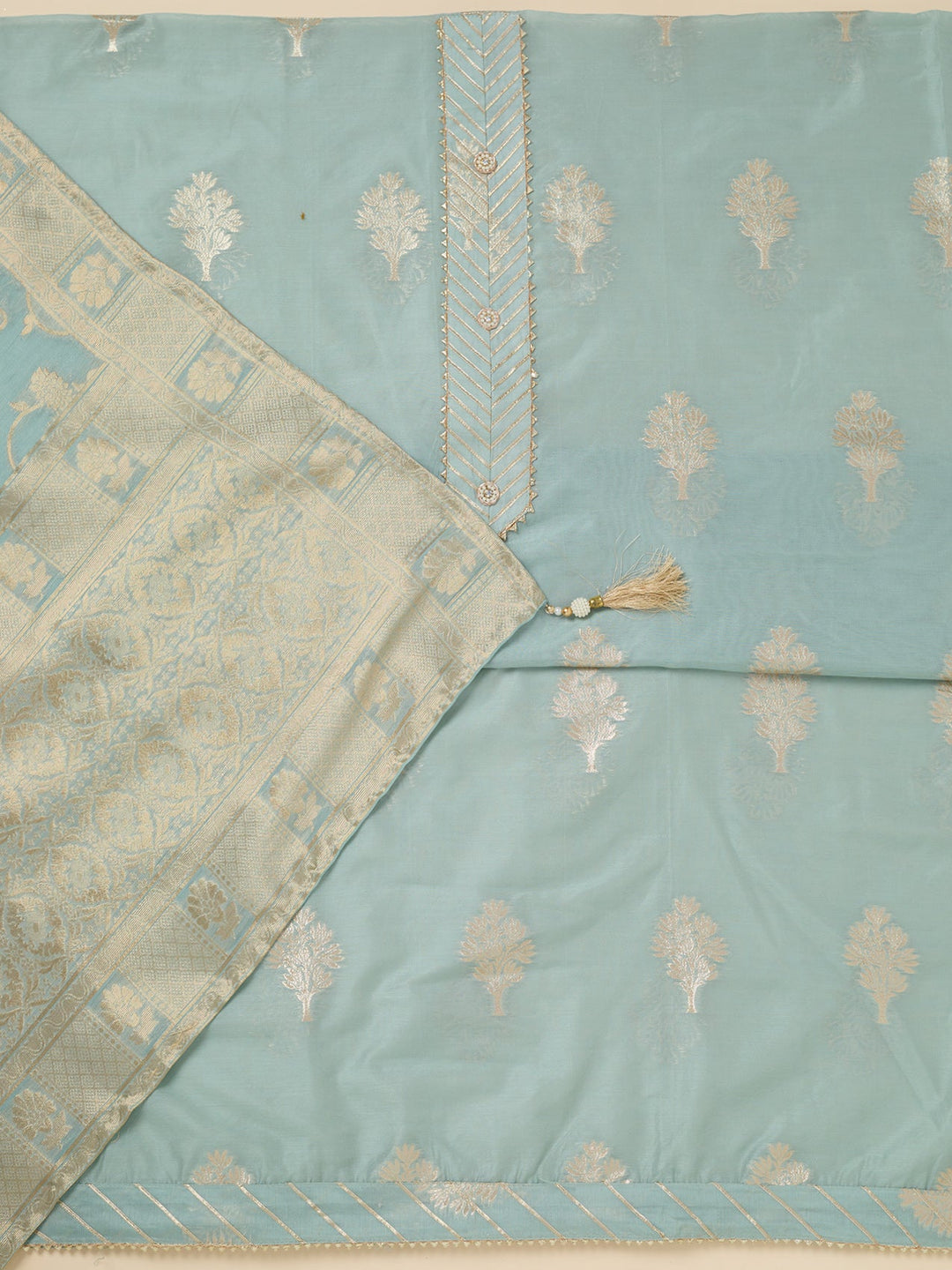 Light Grey Zariwork (Gold) Chanderi Unstitched Salwar Suit