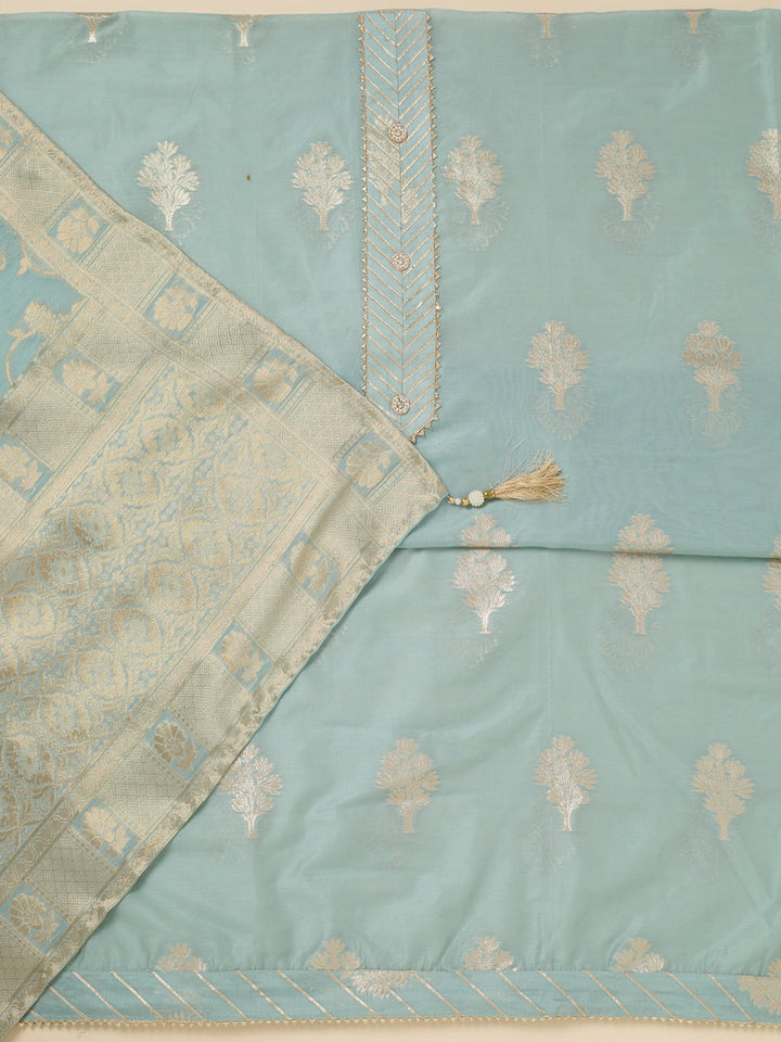 Light Grey Zariwork (Gold) Chanderi Unstitched Salwar Suit