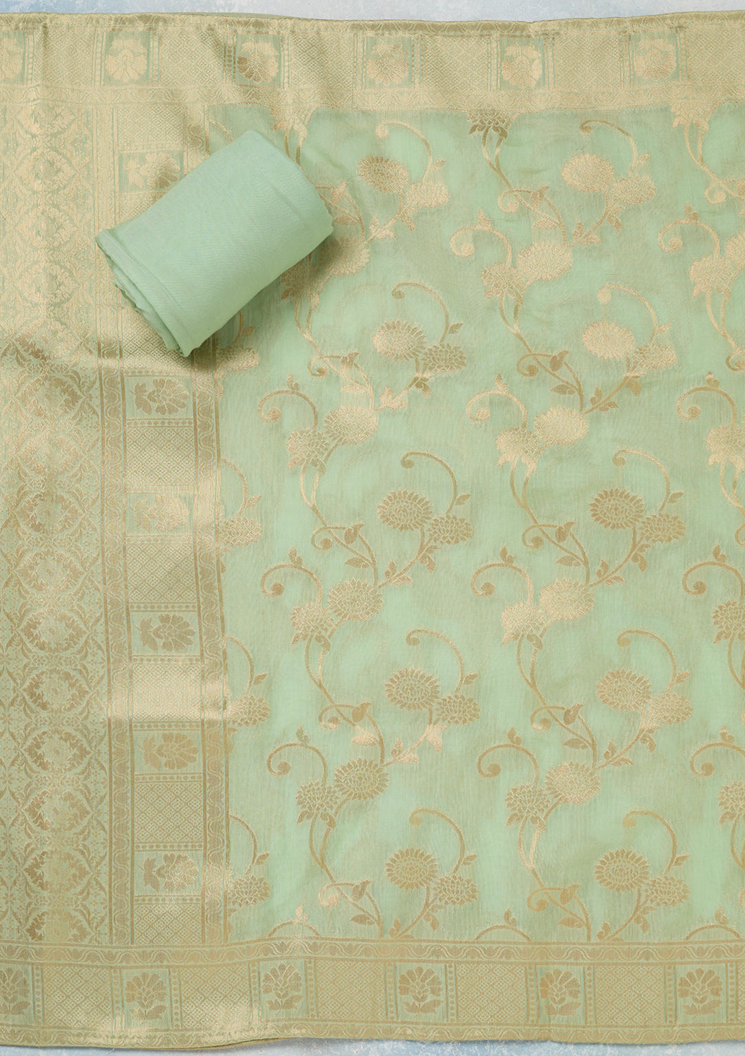 Pista Green Zariwork (Gold) Chanderi Unstitched Salwar Suit