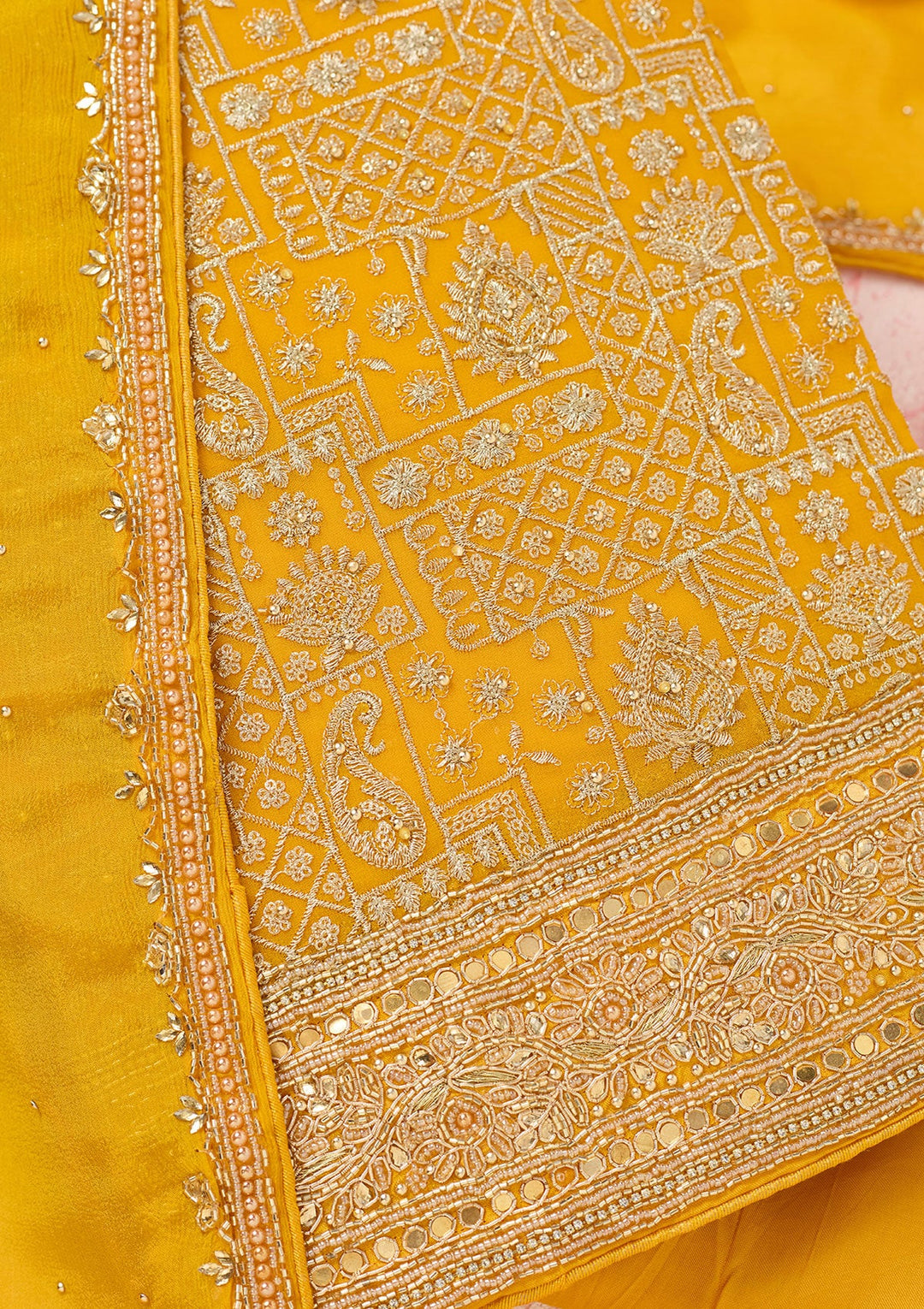 Yellow Zariwork (Gold) Georgette Unstitched Salwar Suit