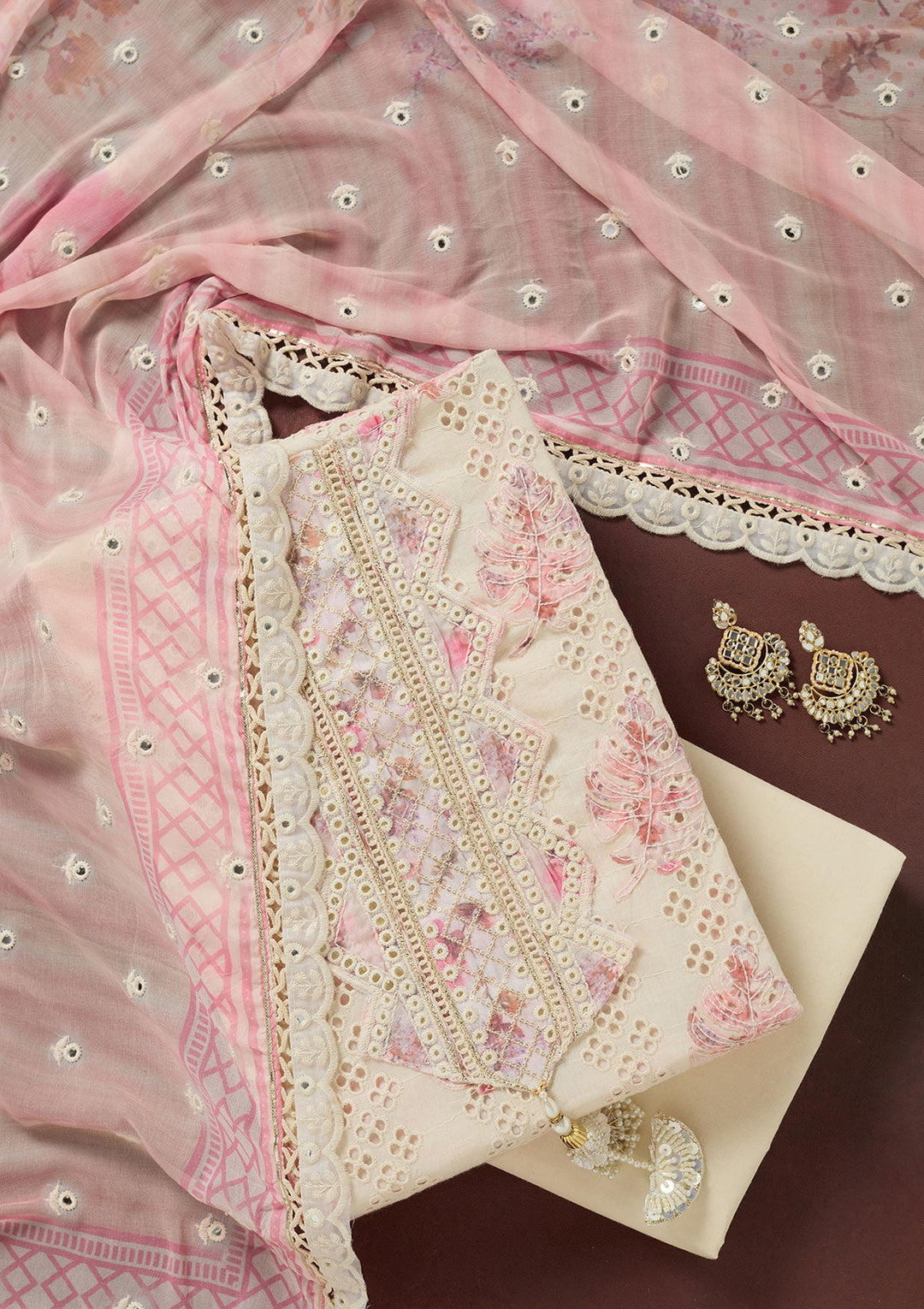 Cream Threadwork Cotton Unstitched Salwar Suit-koskii