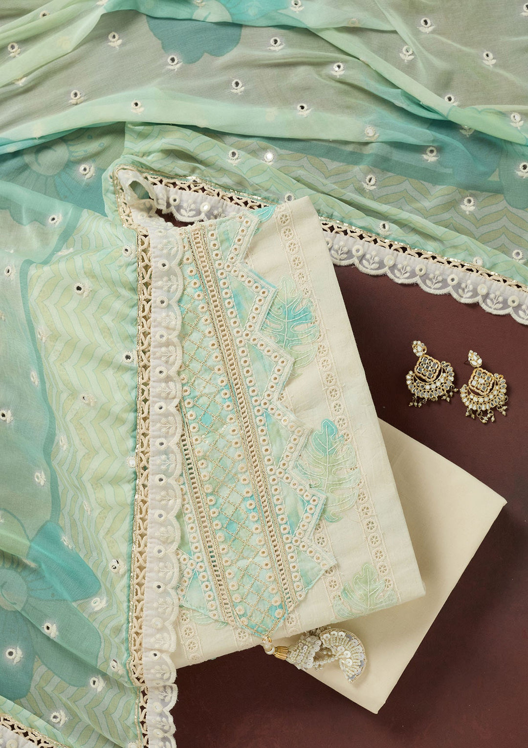 Cream Threadwork Cotton Unstitched Salwar Suit-koskii