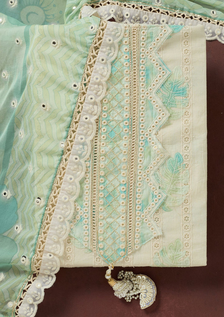 Cream Threadwork Cotton Unstitched Salwar Suit-koskii