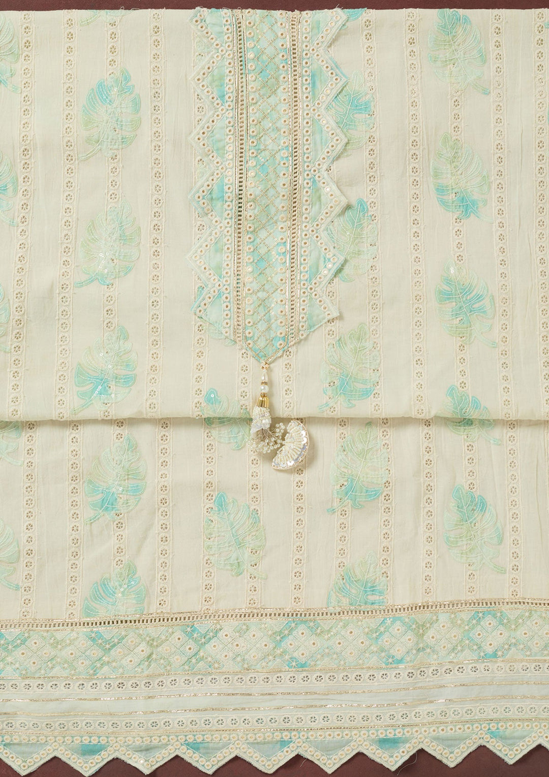 Cream Threadwork Cotton Unstitched Salwar Suit-koskii