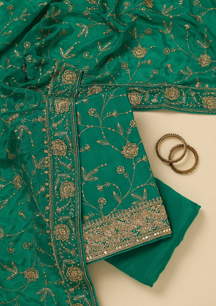 Rama Green Zariwork (Gold) Semi Crepe Unstitched Salwar Suit_koskii