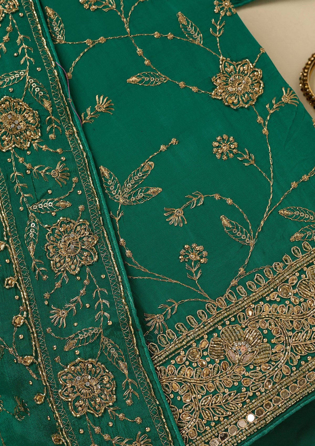 Rama Green Zariwork (Gold) Semi Crepe Unstitched Salwar Suit_koskii