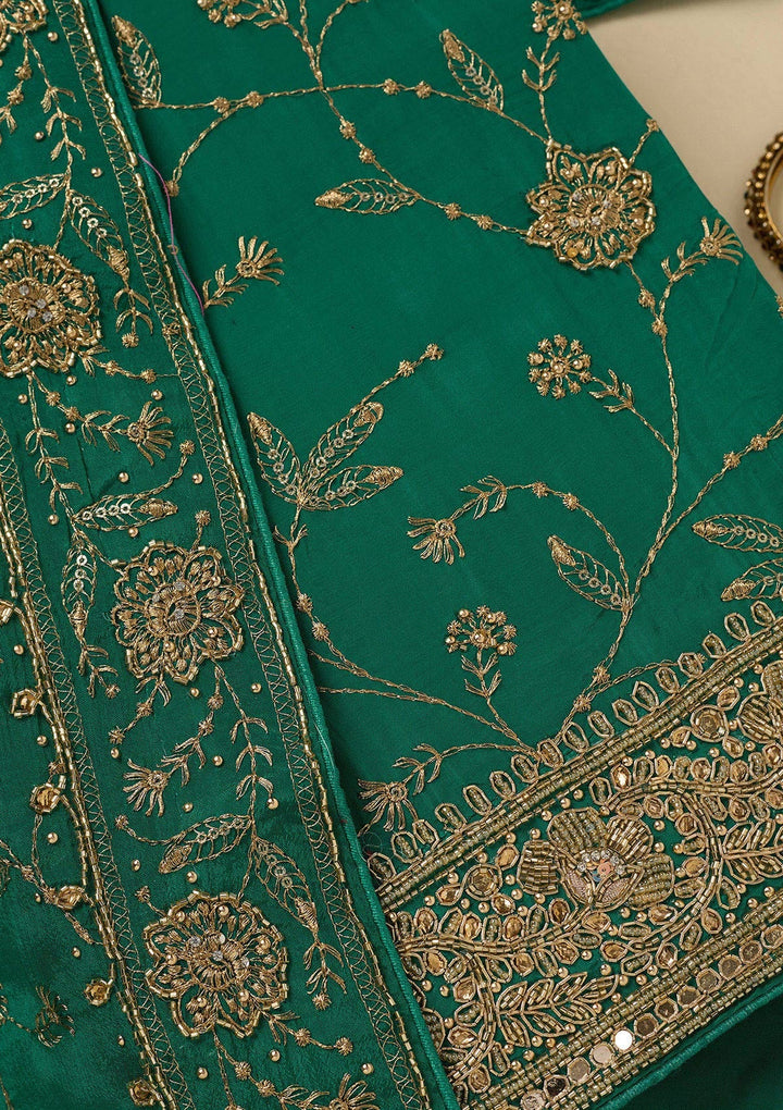 Rama Green Zariwork (Gold) Semi Crepe Unstitched Salwar Suit_koskii