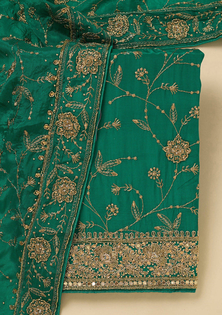 Rama Green Zariwork (Gold) Semi Crepe Unstitched Salwar Suit_koskii