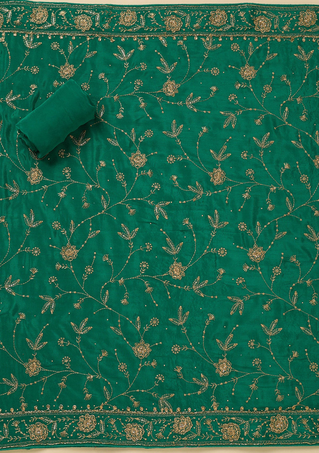 Rama Green Zariwork (Gold) Semi Crepe Unstitched Salwar Suit_koskii