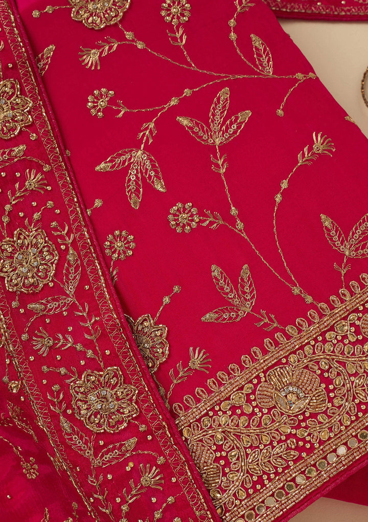 Rani Pink Zariwork (Gold) Semi Crepe Unstitched Salwar Suit_koskii