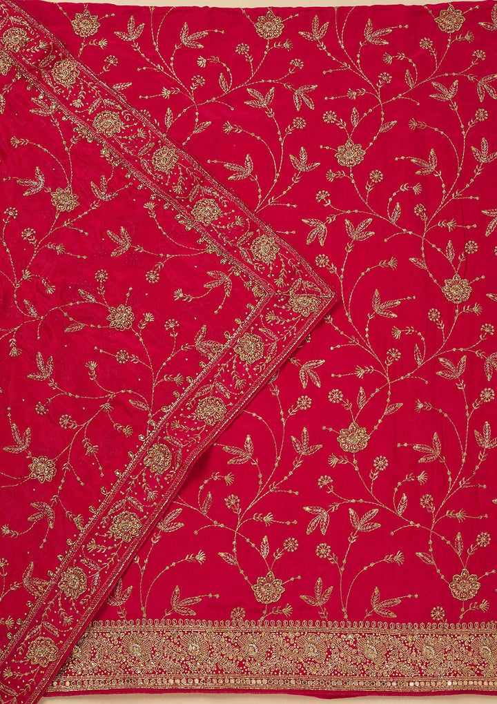 Rani Pink Zariwork (Gold) Semi Crepe Unstitched Salwar Suit_koskii