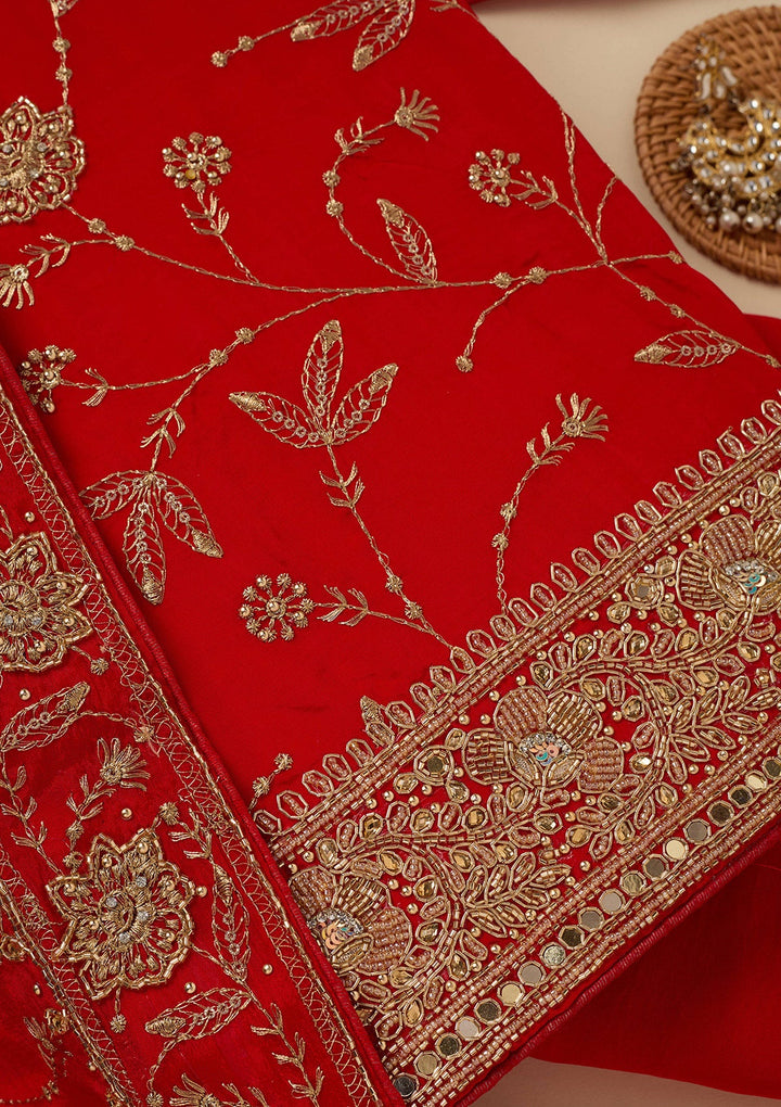 Red Zariwork (Gold) Semi Crepe Unstitched Salwar Suit_koskii