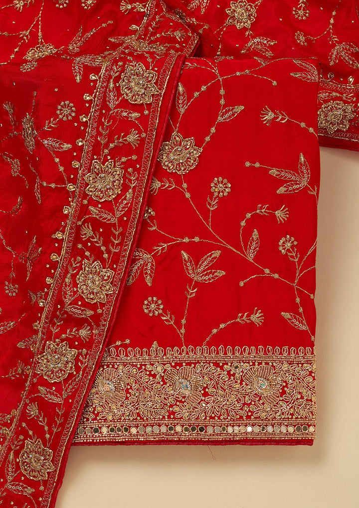 Red Zariwork (Gold) Semi Crepe Unstitched Salwar Suit_koskii