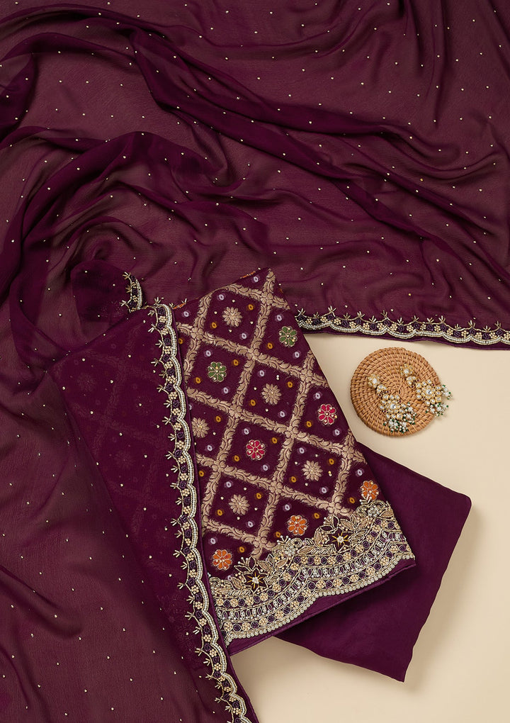 Purple Stonework Georgette Unstitched Salwar Suit-Koskii