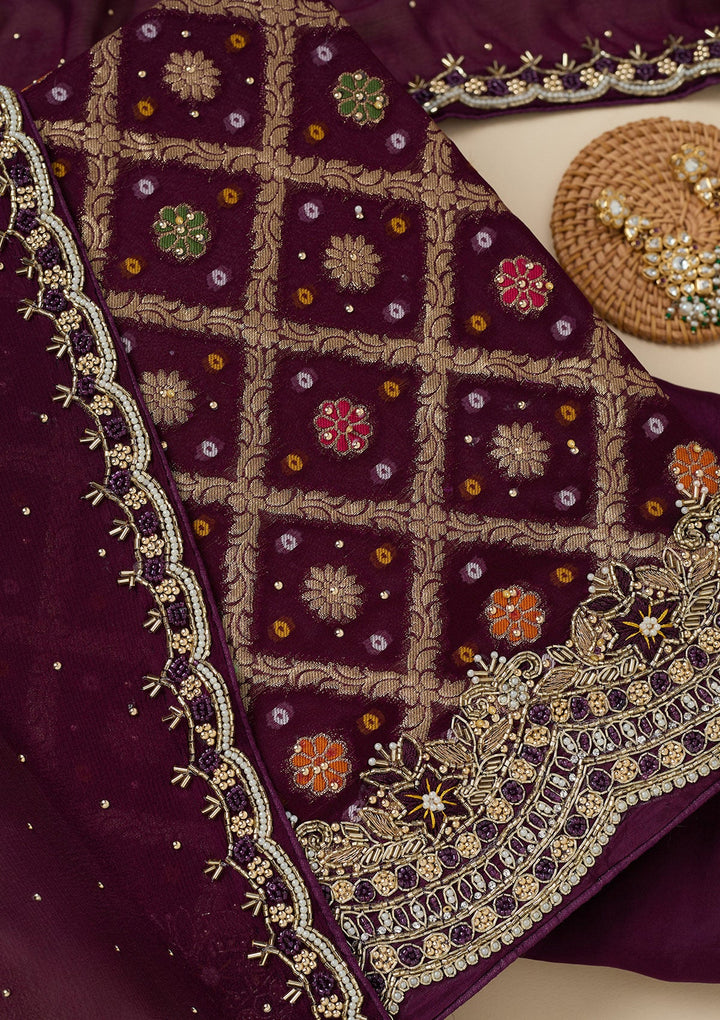Purple Stonework Georgette Unstitched Salwar Suit-Koskii