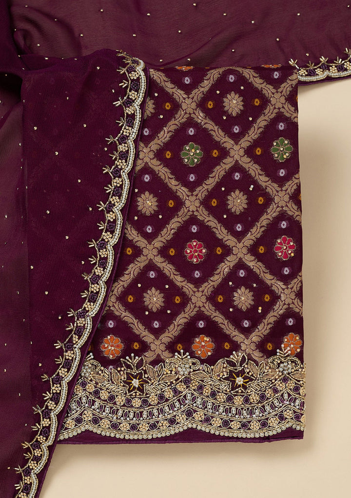 Purple Stonework Georgette Unstitched Salwar Suit-Koskii