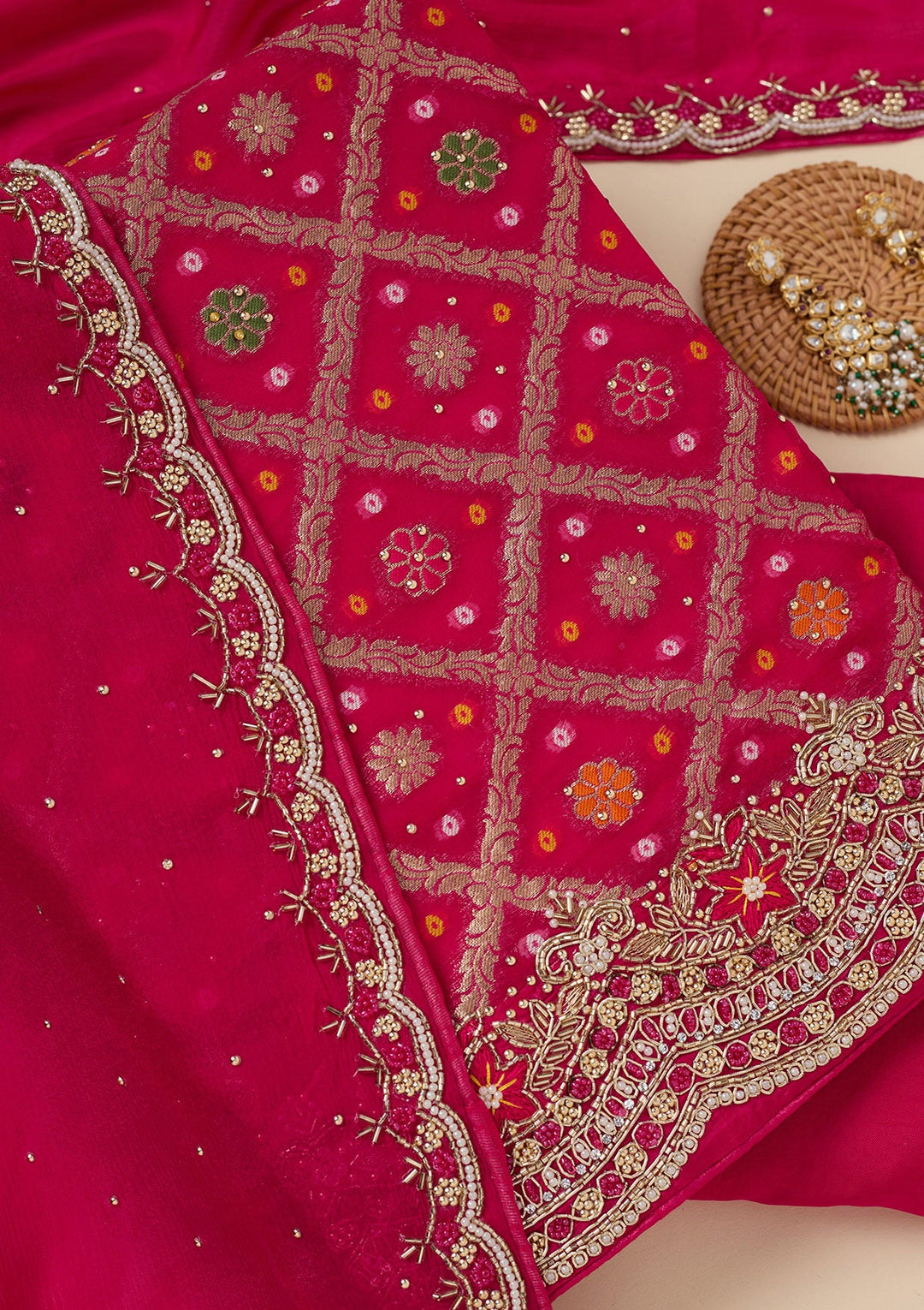 Rani Pink Stonework Georgette Unstitched Salwar Suit-Koskii