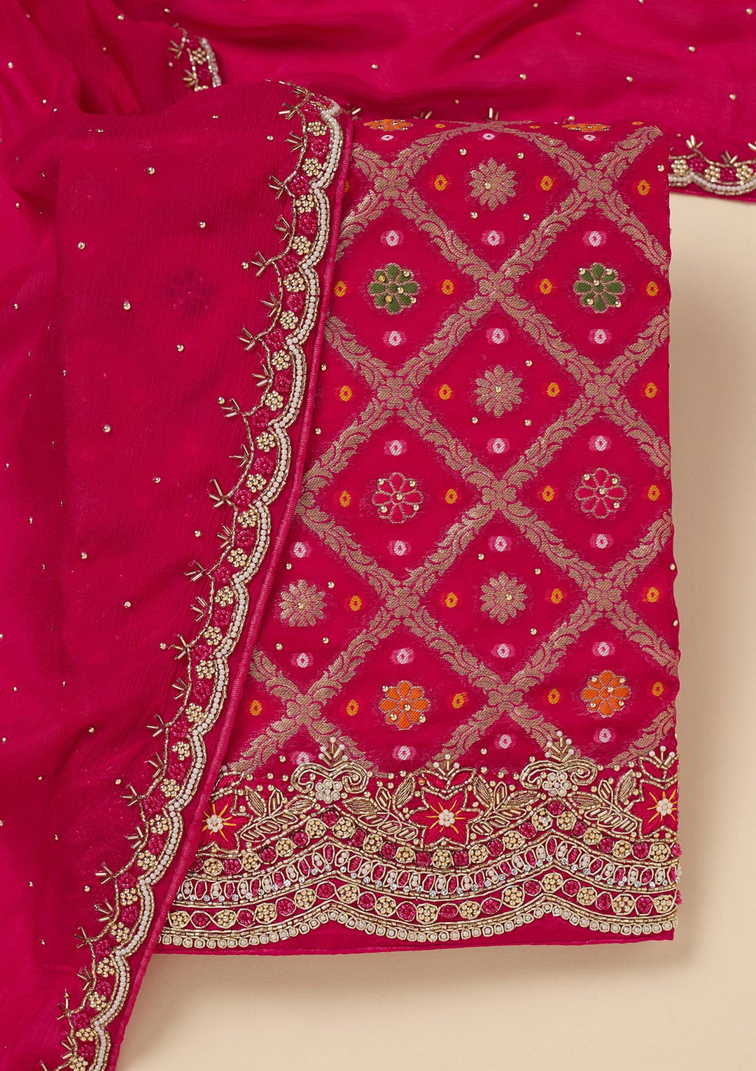 Rani Pink Stonework Georgette Unstitched Salwar Suit-Koskii