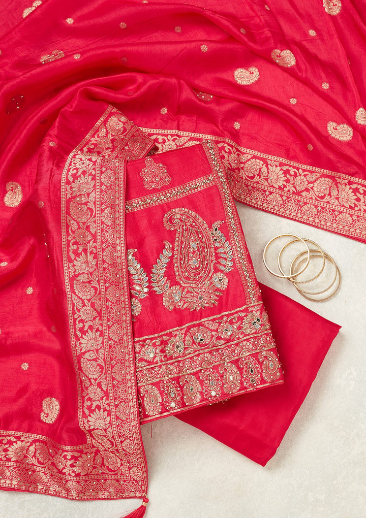 Rani Pink Stonework (Silver) Dola Silk Unstitched Salwar Suit