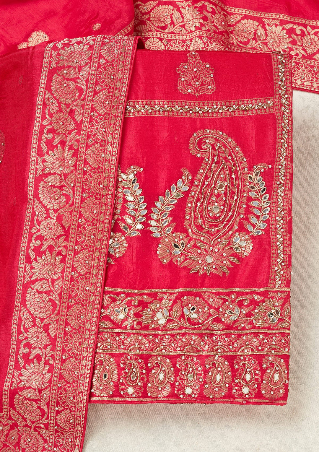 Rani Pink Stonework (Silver) Dola Silk Unstitched Salwar Suit