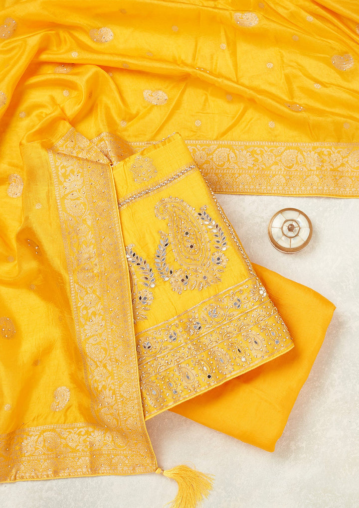 Yellow Stonework (Silver) Dola Silk Unstitched Salwar Suit