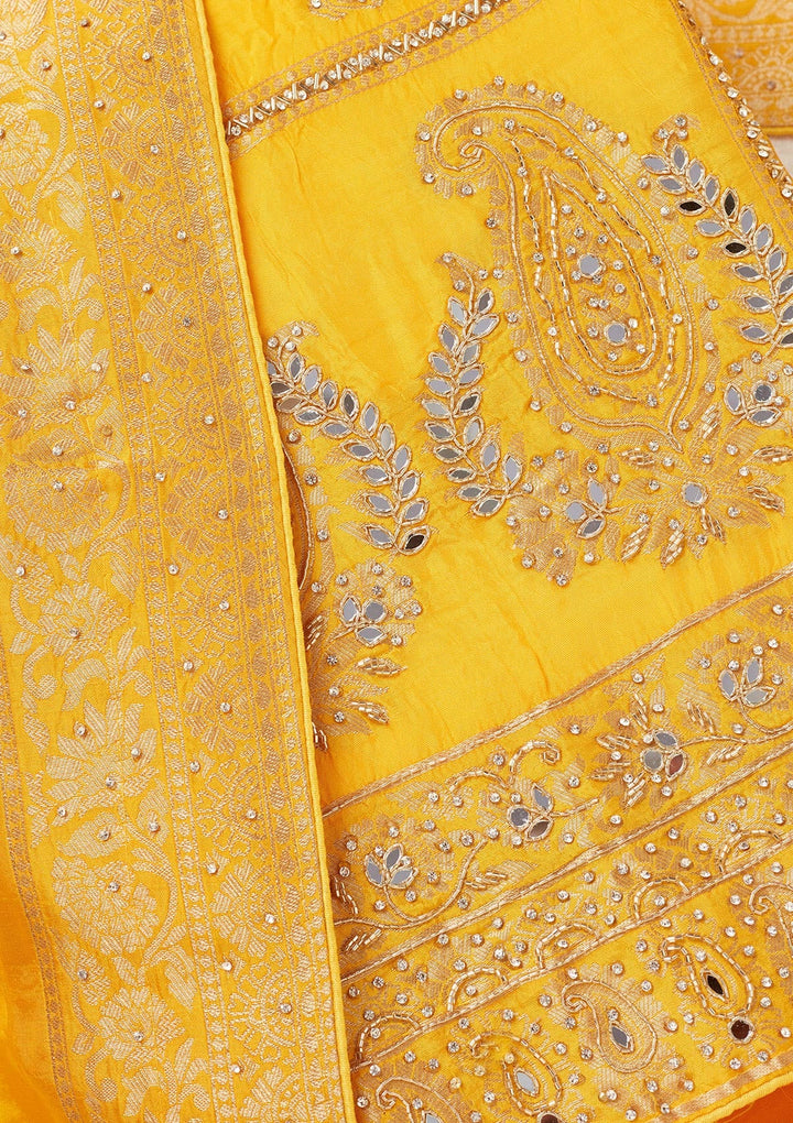 Yellow Stonework (Silver) Dola Silk Unstitched Salwar Suit