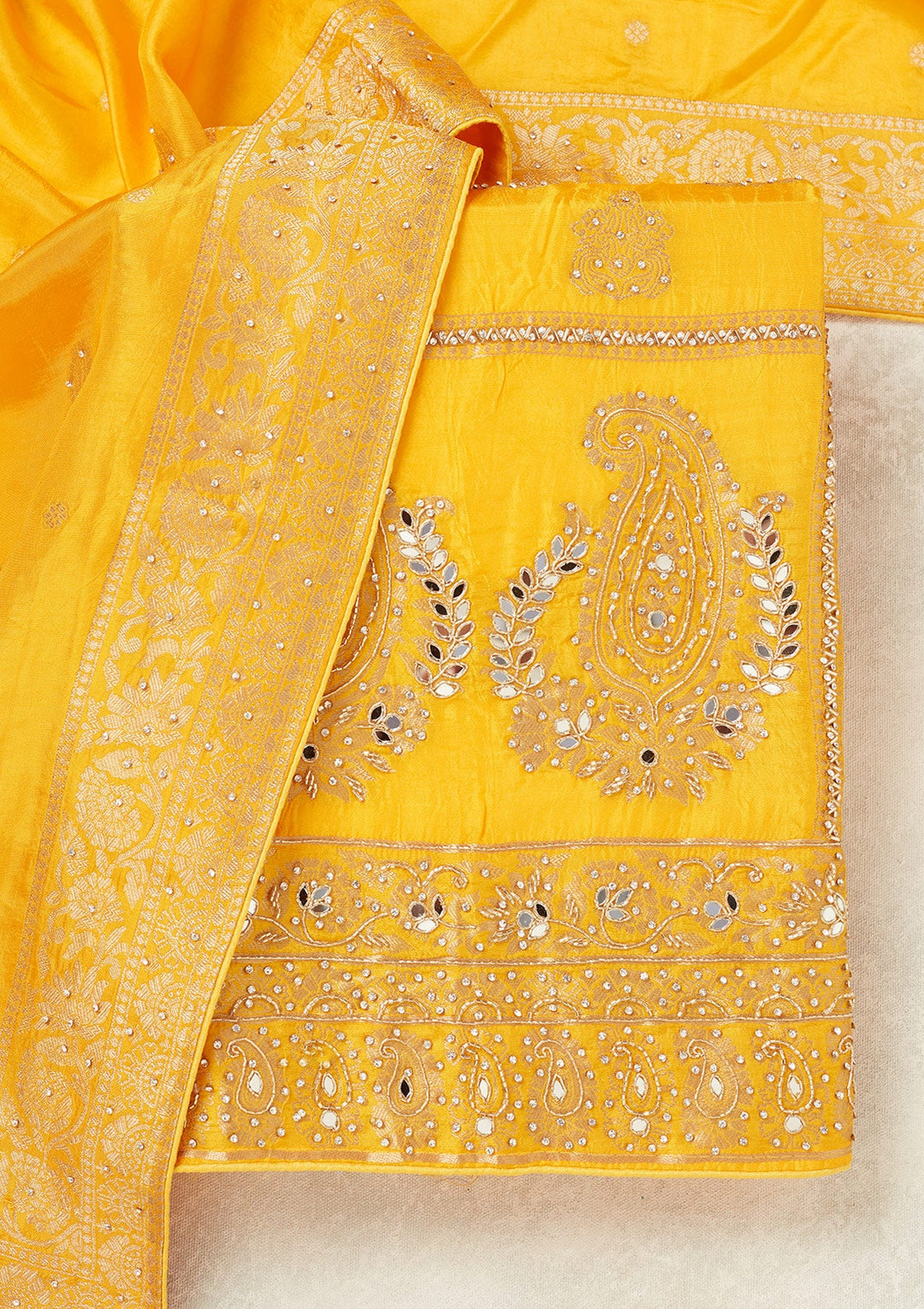 Yellow Stonework (Silver) Dola Silk Unstitched Salwar Suit